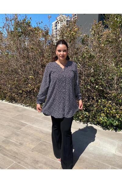 ELSEBUTİKTR Kadın Siyah Floral Desenli Büyük Beden Viskon Tunik Gömlek