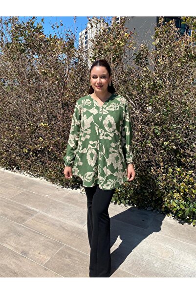 ELSEBUTİKTR Women's Khaki-Beige Patterned Plus Size Viscose Tunic Shirt