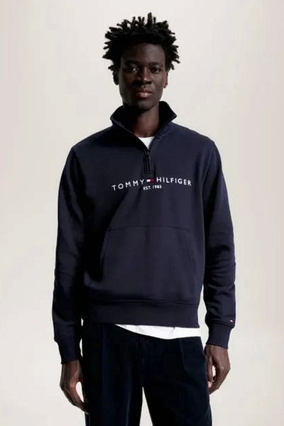 Tommy Hilfiger Men's Navy Blue Sweats with Brand Logo Half Zipper Organic Cotton Stand Collar on the Chest and Sleeves