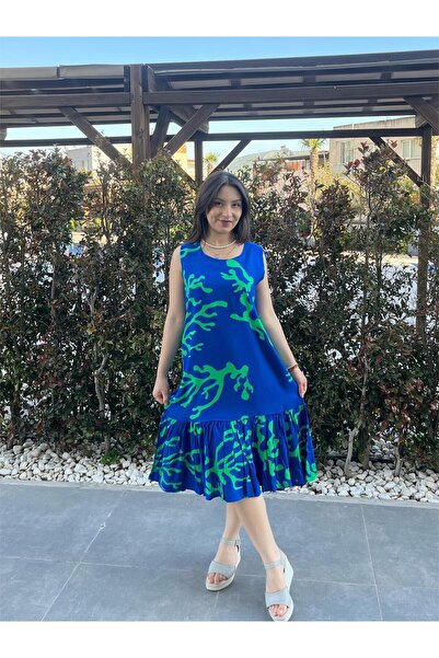 ELSEBUTİKTR تنورة نسائية مكشكشة باللونين الأزرق والأخضر، فستان صيفي من الفيسكوز