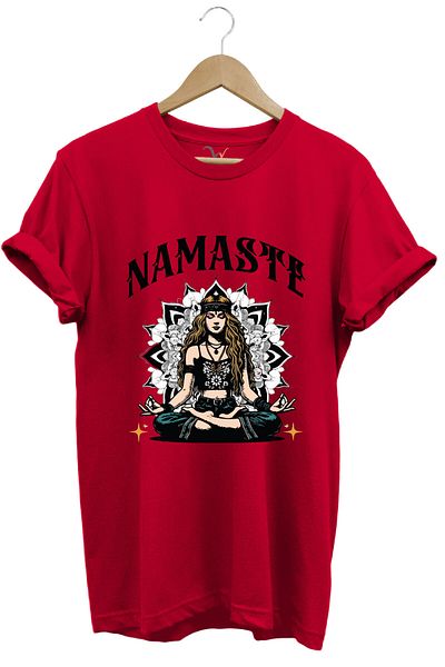 onsrawear Namaste Yoga Meditation Patterned Unisex 100% Cotton Red Basic T-Shirt