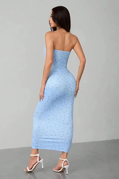 Baby xclub Rochie lungă de damă albastră, fără bretele, cu cu imprimeu, din material elastic, elegantă și casual, de vară, tip Pinterest