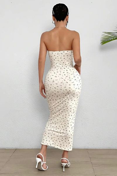 Baby xclub Women's Ecru Strapless Patterned Printed Lycra Stylish Trendy Casual Summer Pinterest Long Dress