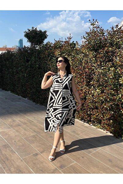 ELSEBUTİKTR فستان نسائي صيفي بدون أكمام من الفسكوز بنمط أسود وأبيض وياقة قميص