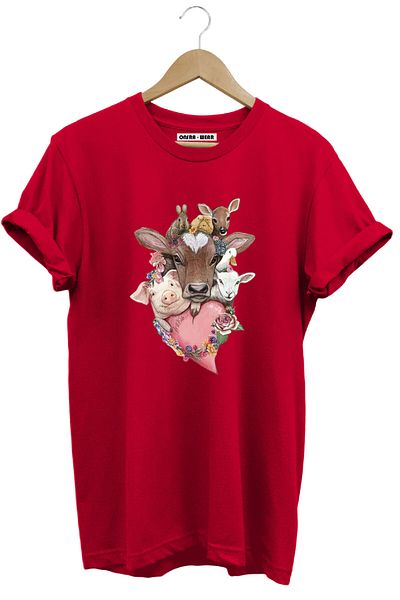 onsrawear Vegan Printed Animal Love Cow Pig Gazelle Rabbit 100% Cotton Red Regular Fit T-Shirt