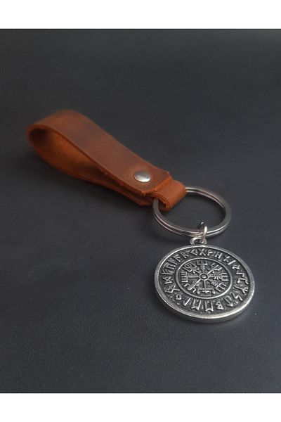 BSN Store إكسسوار سلسلة مفاتيح من الجلد الحقيقي مع شكل بوصلة نورديك Vegvisir