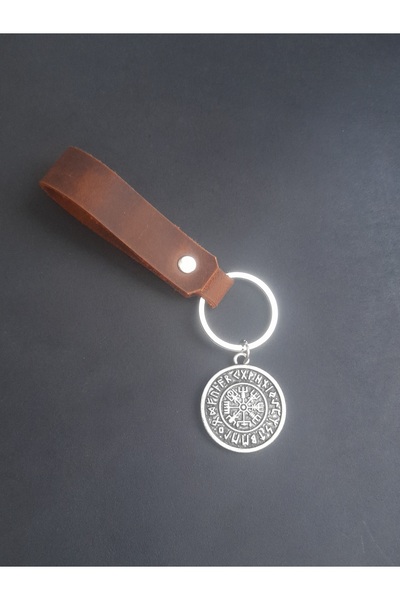 BSN Store Real Leather Keychain Accessory with Nordic Compass Vegvisir Figure