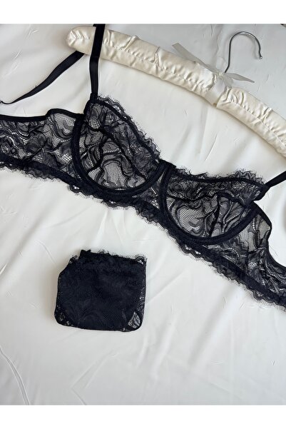 ROZENİN LINGERIE Siyah Soft Dantelli Bralet Takım