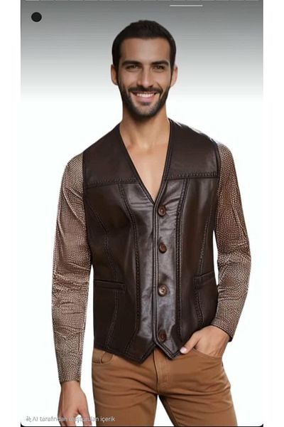 Savran Deri Men's Leather Vest with Genuine Leather Points