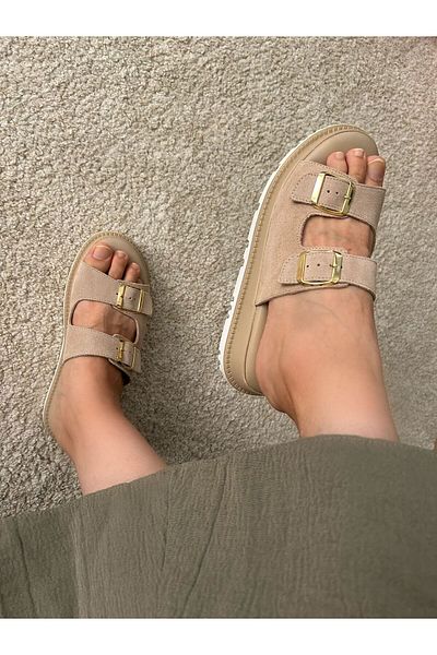 POTEEN Ptc Meloni Women's Genuine Leather Lightweight Anatomical Buckle Detailed Slippers - Tan