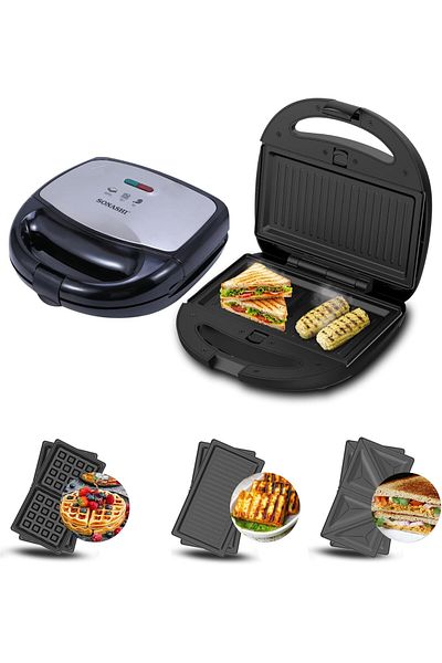 sonashi Multi-Snack Maker 3-in-1 - Non-Stick Detachable Cooking Plate | Cooks Delicious Crispy Sandwiches/Wa