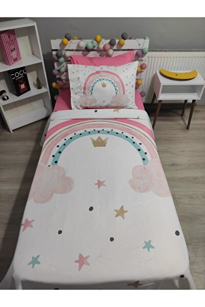 yok yok evim eve dair her şey 4 Pcs Rainbow (100% Cotton 120X200 Fitted Sheet)Single Pique Bedspread Set