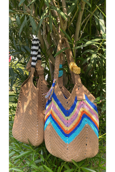 WOMANBAG El Yapımı Büyük Boy Renkli Hasır Plaj Çantası(55X50CM)