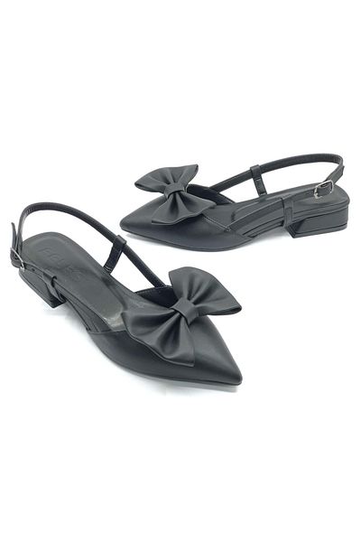 Kocamanlar Ayakkabı Feles Ribbon Detailed Open Back Women's Ballerina Shoes Black-Skin