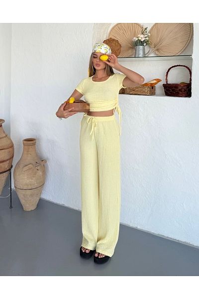 NATUFIAN STORE Women's Seersucker Fabric Side Adjustable Blouse Pants Set