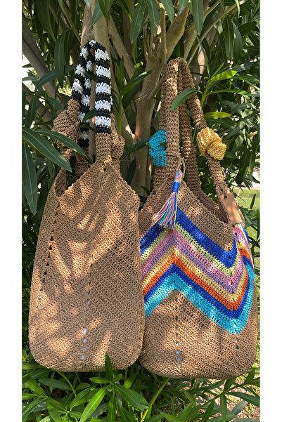 WOMANBAG El Yapımı Büyük Boy Renkli Hasır Plaj Çantası(55X50CM)