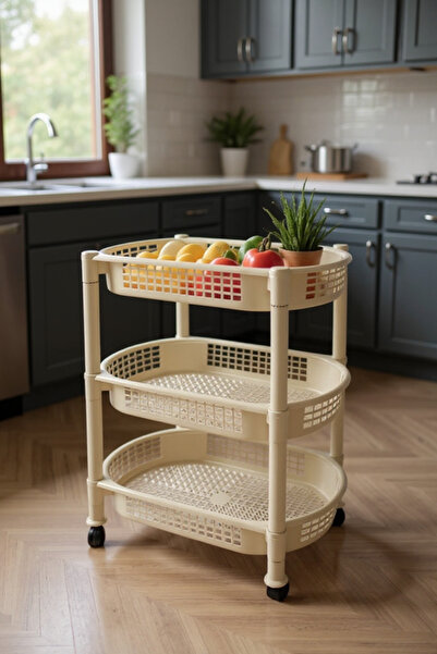 Living رف تخزين بلاستيكي بيضاوي بثلاث طبقات مع عجلات - رف متحرك متعدد الأغراض...