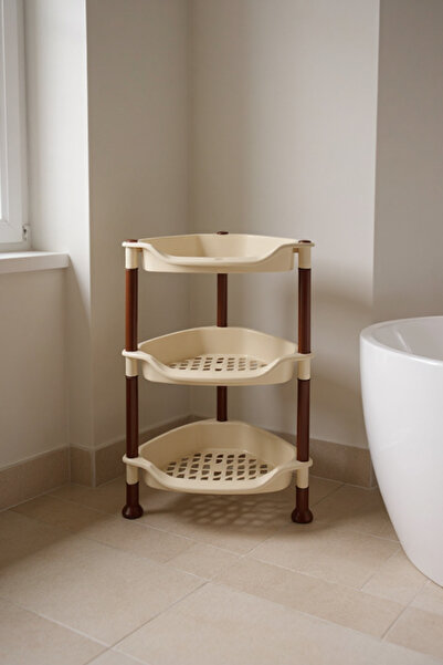 Living رف تخزين بلاستيكي بثلاث طبقات - أرفف بيج بإطار بني - منظم صغير متعدد الاستخدامات