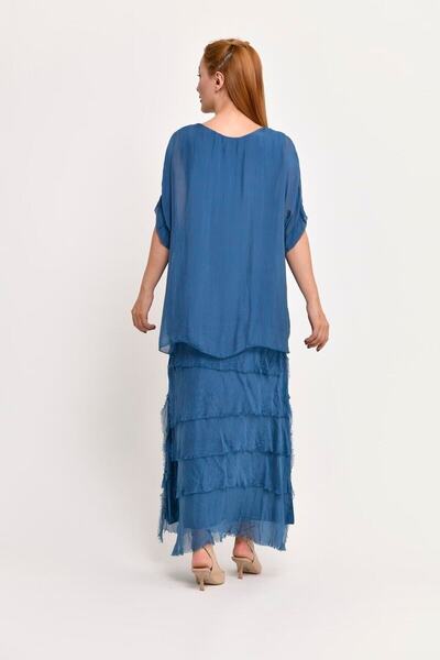 Bohem Stil Italyan Petrol Mavisi Yarım Kol Kat Kat Ipek Elbise