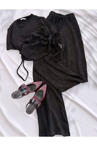 NATUFIAN STORE Women's Seersucker Fabric Side Adjustable Blouse Pants Set