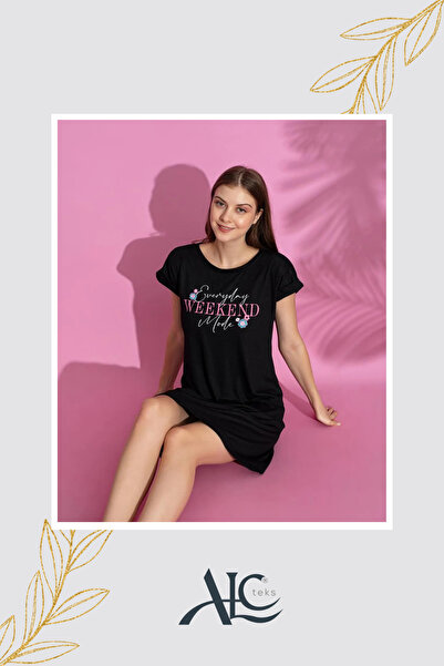 Alcteks قميص نوم نسائي قابل للتنفس بأكمام قصيرة من القطن، بنمط أسود