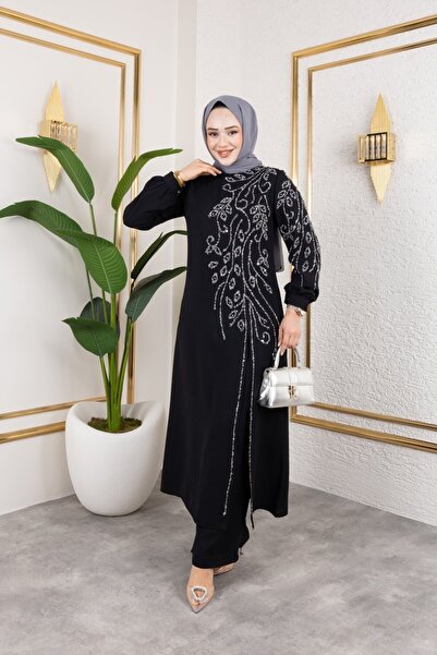 Elif Artar Naz Yapraklı Yırtmaçlı Abiye Siyah