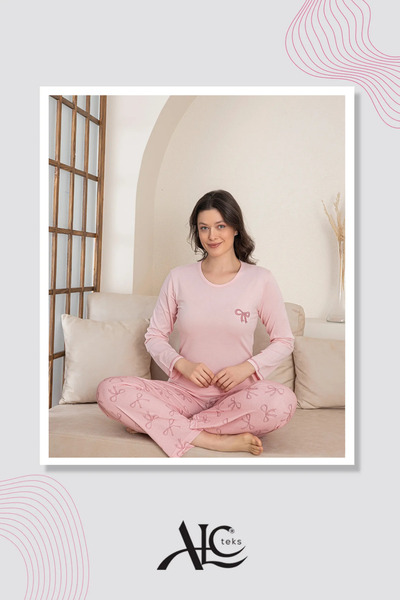 Alcteks بيجامة نسائية من القطن الملون بأكمام طويلة - Yavruağzı