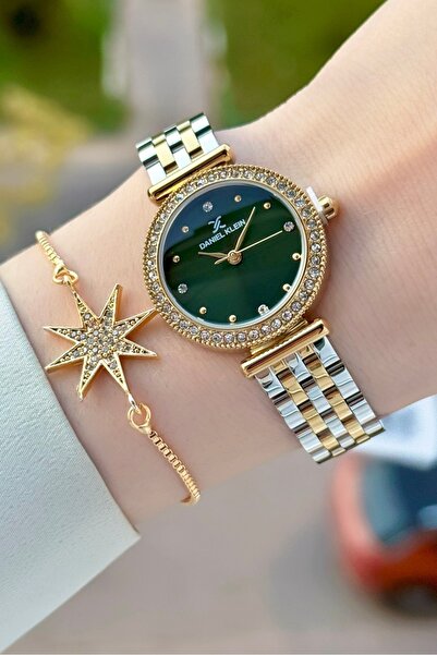 Daniel Klein Kadranı Yeşil Kordonu Gold Gümüş Renk 28 Mm Kadın Kol Saati ve B...