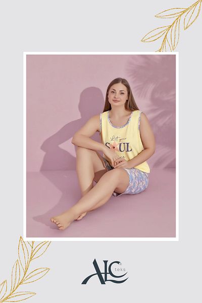 Alcteks Thick Strap Patterned Two Color Bottom Top Two Piece Summer Women's Pajamas Set