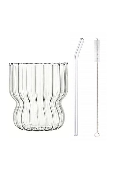 Yenigeldi 1Pc Ripple Shaped Transparent Glass Cup Iced Coffee Cocktail Cup