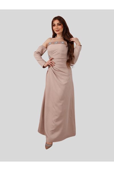 Nice Model Elegant Stone Detailed Long Sleeve Maxi Dress with Mesh Panel - Evening Party Formal Wear