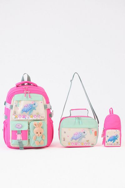 Roxbros 3-Piece Girls' School Bag Set with Turtle Figure - Primary School Backpack with Pen Holder and Nutrition