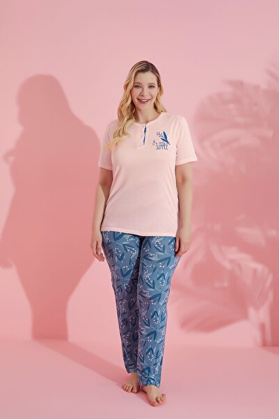 Alcteks Plus Size Pink Floral Pattern Cotton Pajamas Set for Women – Summer, Short Sleeve, Set of 2