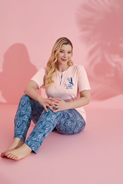 Alcteks Plus Size Pink Floral Pattern Cotton Pajamas Set for Women – Summer, Short Sleeve, Set of 2