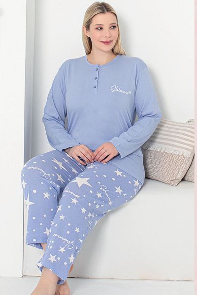 Alcteks 100% Cotton Large Size Seasonal 2-Piece Star Patterned Pajamas Set