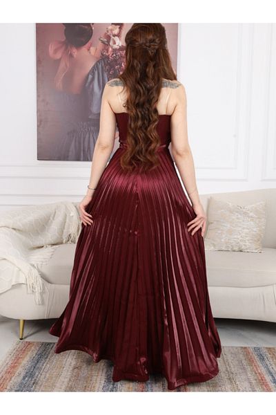 Nice Model Burgundy Stone Embellished Strapless Evening Gown Pleated Maxi Dress Formal Prom Wedding Guest