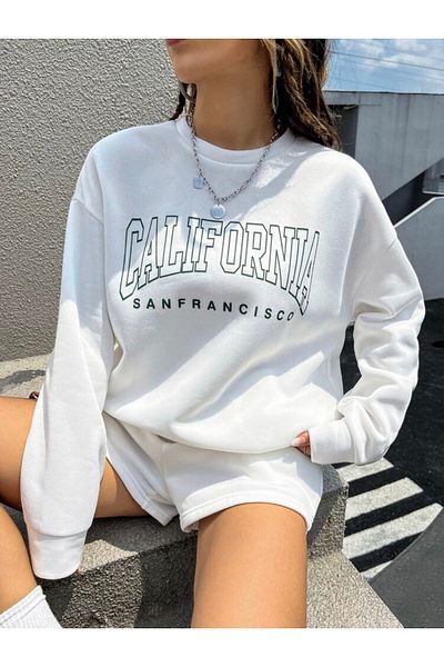 DWN WEAR Unisex California Letter Printed White Sweatshirt