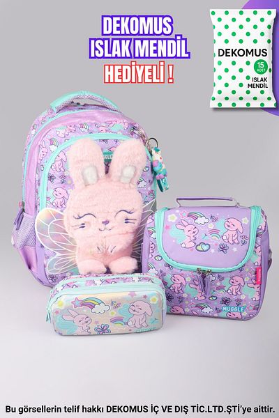 MUGGLE With Dekomus ""Fluffy Bunny Collection" Large Size School Bag, Lunch Bag with Thermoses and Pen Cha