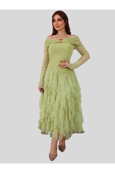Nice Model Green Pearl Off-Shoulder Ruffle Maxi Dress Long Sleeve Evening Gown Party Wear Tulle Layered