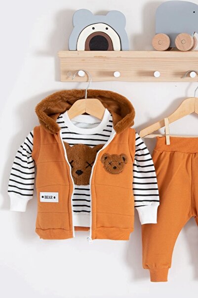 candar 3 Piece Orange Set with Plush Teddy Bear Hooded for 3-18 Months Baby Boy