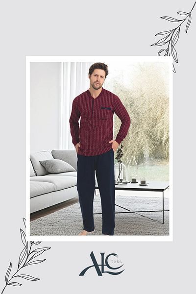 Alcteks Long Sleeve Button Collar 100% Cotton Two Thread Men's Pajama Set