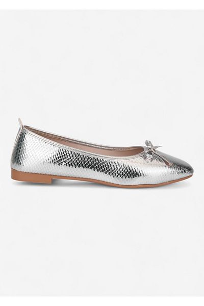 SOLDOY Women's Silver Crocodile Detailed Leather Flat Heeled Ribbon Bow Ribbon Shoes Flat Sole Ballerinas