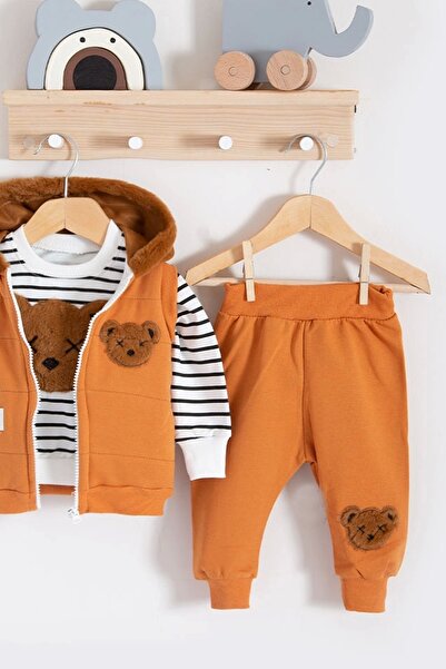 candar 3 Piece Orange Set with Plush Teddy Bear Hooded for 3-18 Months Baby Boy
