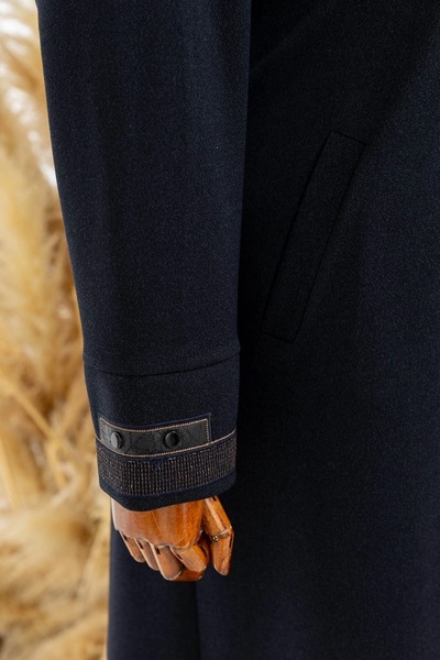 HESNA Women's Seasonal Embroidered Shawl Collar Navy Blue Top Coat