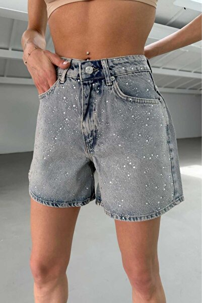 MADAMMERY Kadın Açık Mavi Parlak Taşlı Kot Şort Tasarım %100 Koton Denim Şort