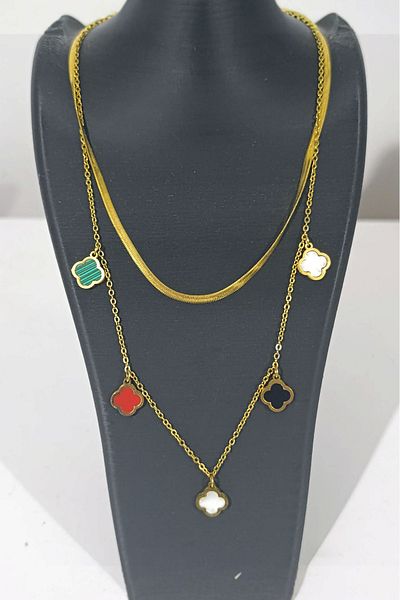 Birmem Gold Color Steel Clover Detailed Layered Necklace Set