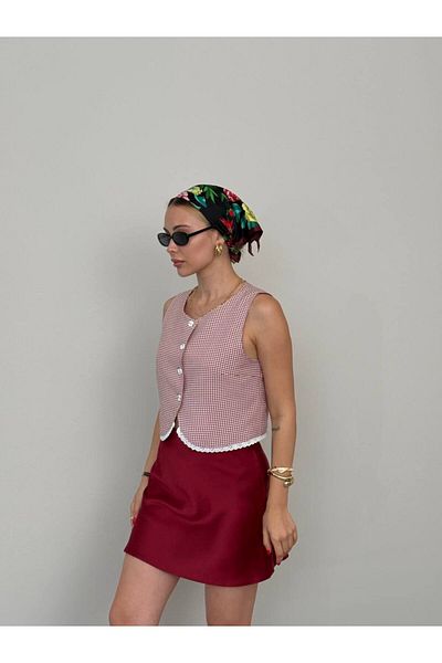 Zey Studio Pink Crop Vest - Crew Neck and Gingham