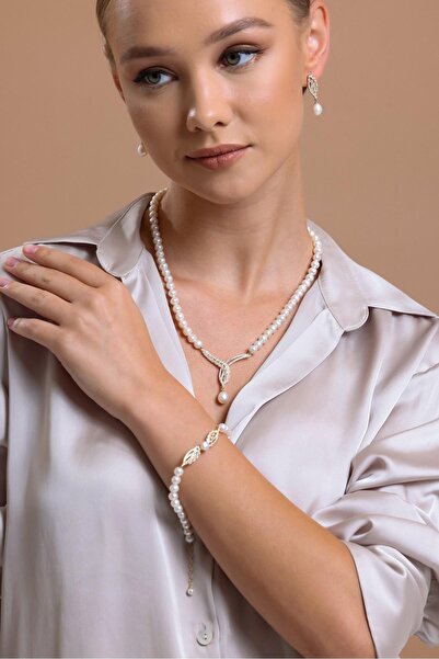 Birinci 14 Ayar Altın 9 mm Yaprak Taşlı Doğal İnci Küpe Kolye Bileklik Üçlü Set