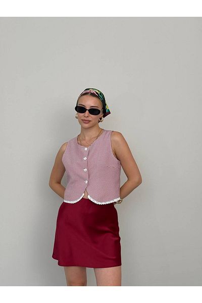 Zey Studio Pink Crop Vest - Crew Neck and Gingham