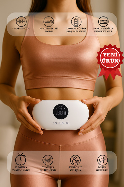Velna Isıtmalı Şarjlı Masaj Kemeri – Regl Kemeri – Kramp – Bel ve Karın Masaj Aleti, Hafif Titreşimli